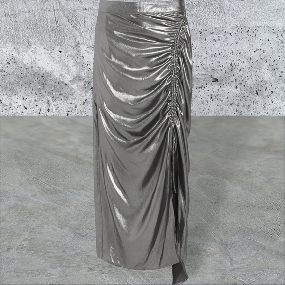 NWOT All Saints ‘Carla Metallic Gray / Silver Skirt’ with Ruched Side Size 4 - Picture 1 of 16